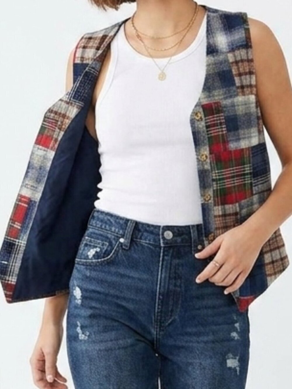 VINTAGE 80s Patchwork Plaid Flannel Button Vest Solutions Small